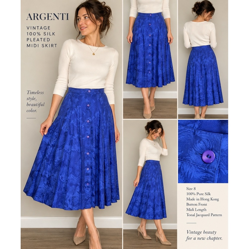 Vintage Argenti Silk Skirt 8 Cobalt Blue Jacquard Pleated Button Front Midi